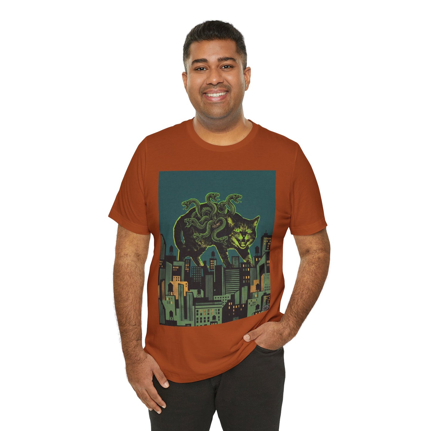 City Cat Attacks - "Inner Demons" Green Version - Poster Collage City Night Kaiju Cat T-Shirt — Neon Monster Cat Over Skyline