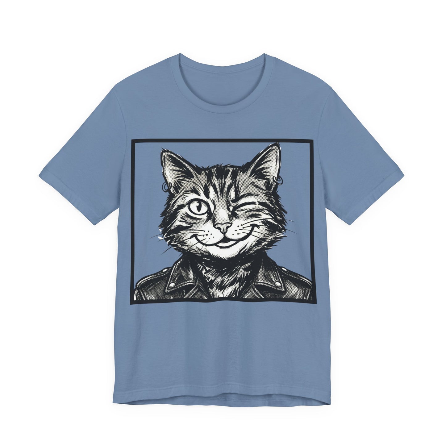 WinkyCat - Leather Jacket (NO Gesture) - Winking Cat Portrait Tee – Retro Rocker Biker Cat Graphic T-Shirt