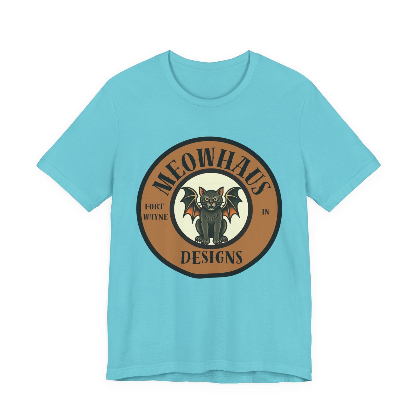 Meowhaus Designs Cat Circle Logo T-Shirt - Vintage Tattoo Cat-Bat Design