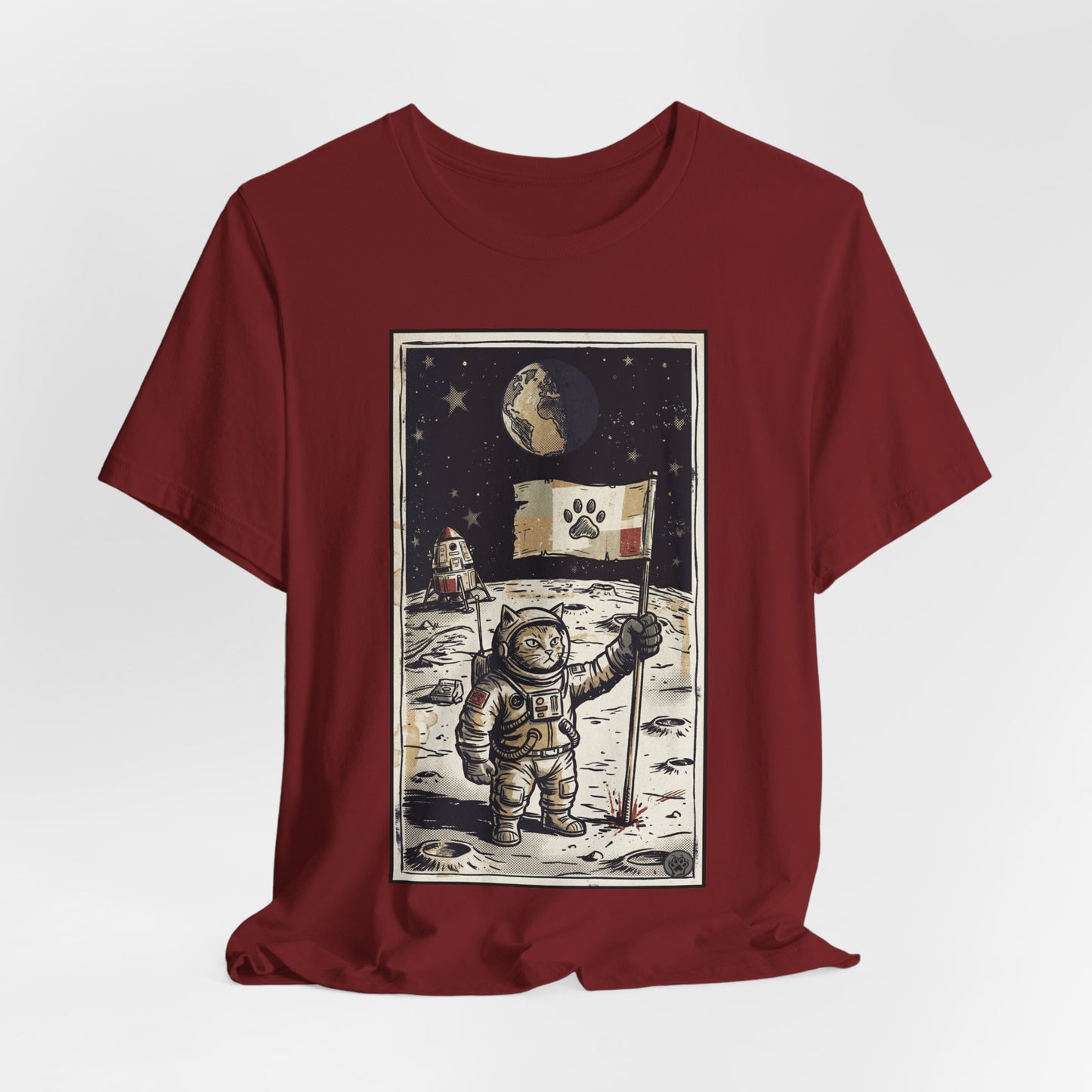 SpaceCat - Conquers The Moon! - Astronaut Cat Moon T-Shirt — Vintage Styled Space Kitty Flag Tee