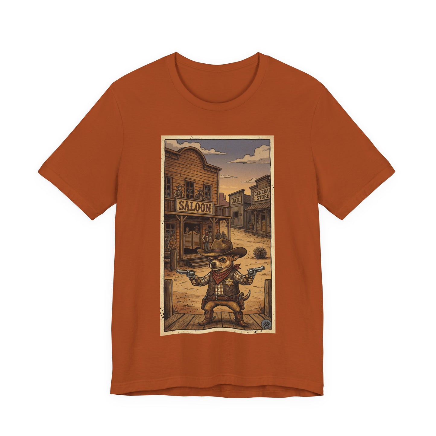 SheriffPaco - Vertical - Chihuahua Sheriff Western Saloon Showdown T-Shirt — Vintage Cowboy Sheriff Puppy Dog Graphic Tee