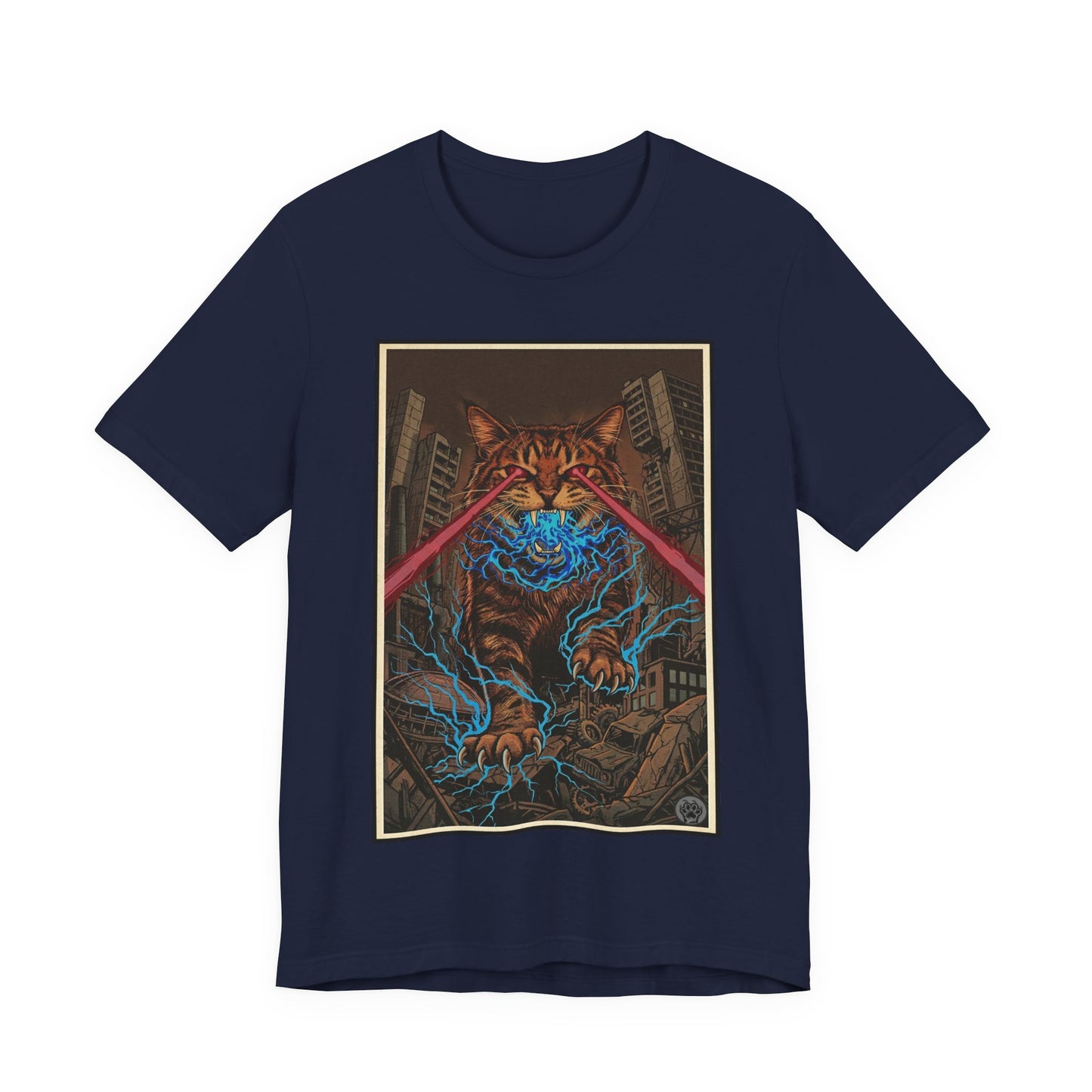 CityCat Attacks! Dark with Red Lasers - Tiger Kitty Kaiju Tee — Laser-Eyed Monster Cityscape T-Shirt