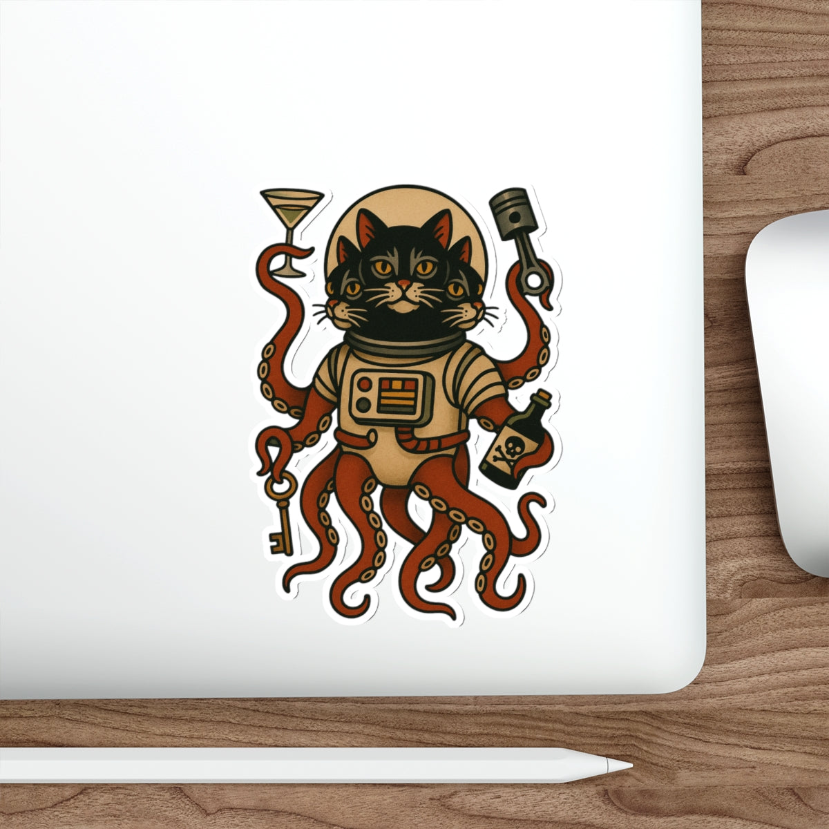 AlienCat Astronaut Vintage Tattoo Design Cat Die-Cut Sticker – Retro Space Kitty with Tentacles