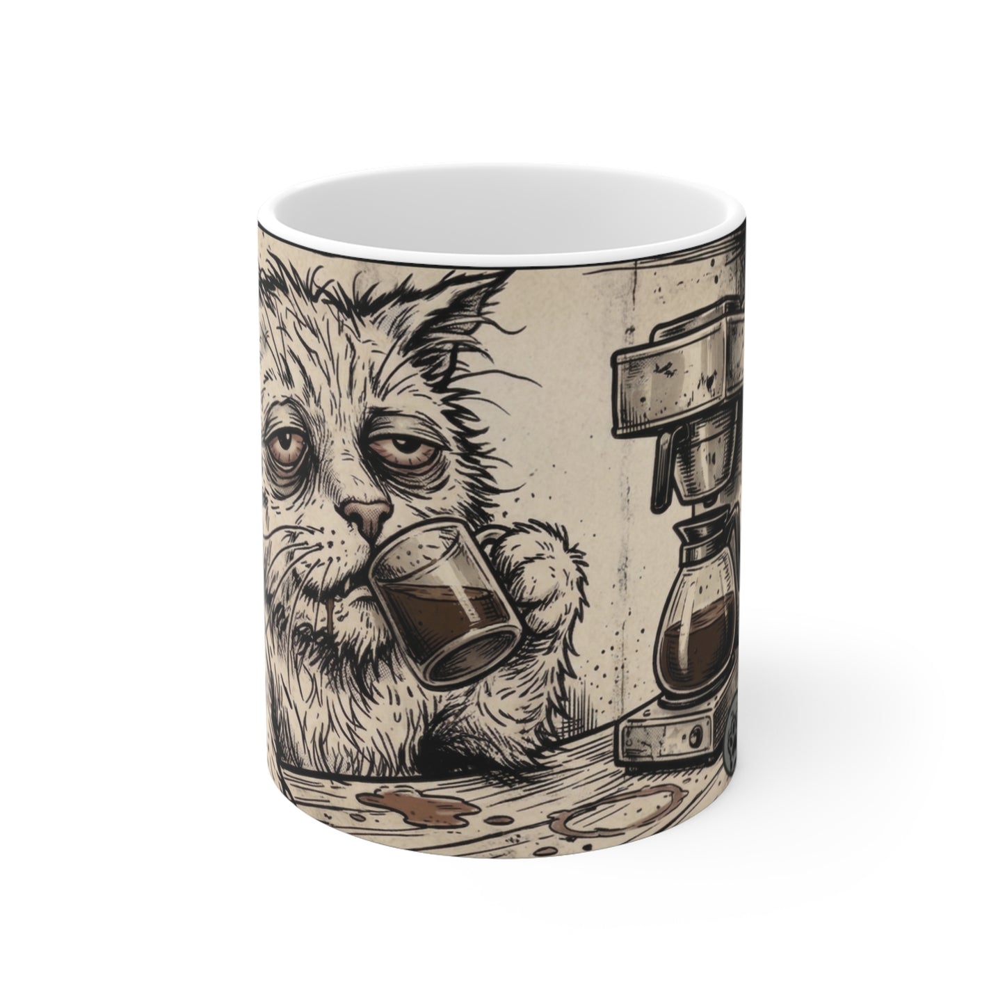 Scraps - "GFM" - 11oz Mug Left Handle — Tired Depressed Cat Drinking Coffee Espresso Illustration