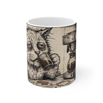 Scraps - "GFM" - 11oz Mug Left Handle — Tired Depressed Cat Drinking Coffee Espresso Illustration