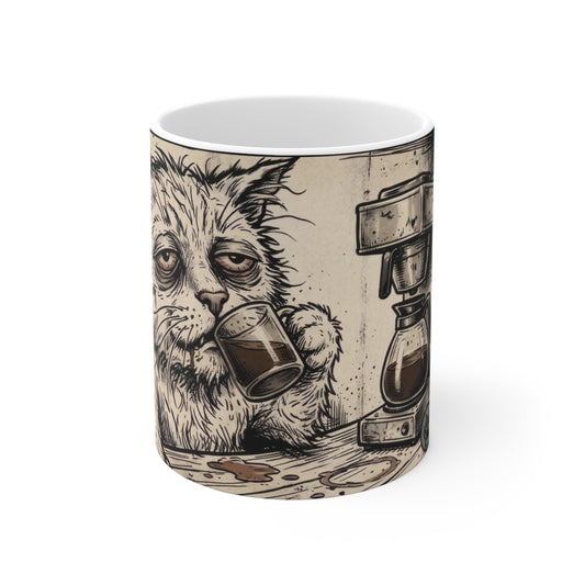 Scraps - "GFM" - 11oz Mug Left Handle — Tired Depressed Cat Drinking Coffee Espresso Illustration