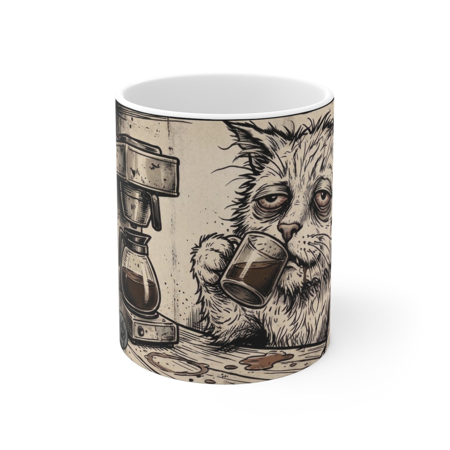 Scraps - "GFM" - 11oz Mug Right Handle - Tired Depressed Grumpy Cat Coffee Mug – Funny Cat Drinking Coffee 11oz Ceramic Mug