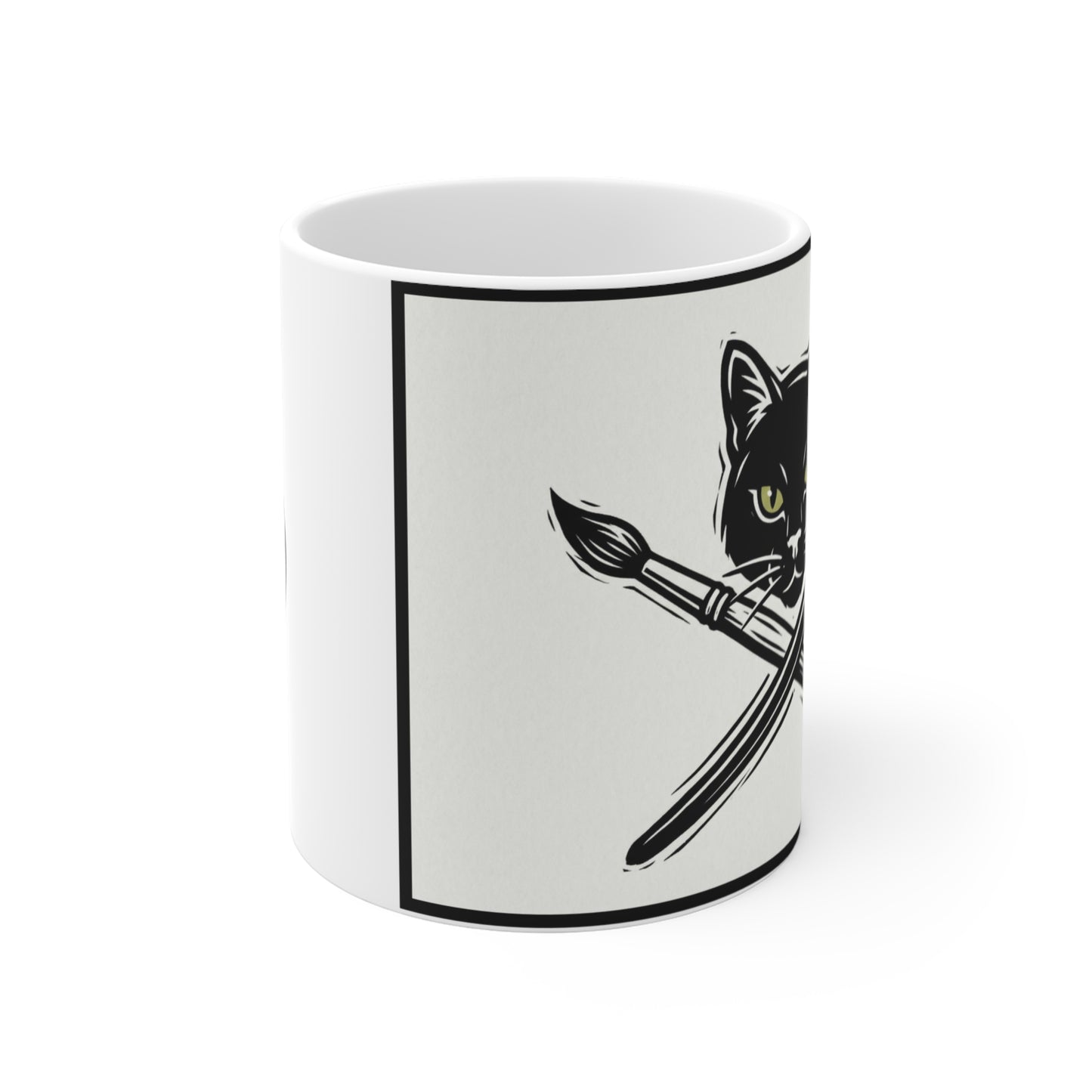 CreativeCat - 11oz Mug Right Handle - Cat Artist Coffee Mug – Black Cat with Paintbrush and Pen 11oz