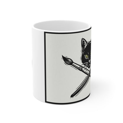 CreativeCat - 11oz Mug Right Handle - Cat Artist Coffee Mug – Black Cat with Paintbrush and Pen 11oz