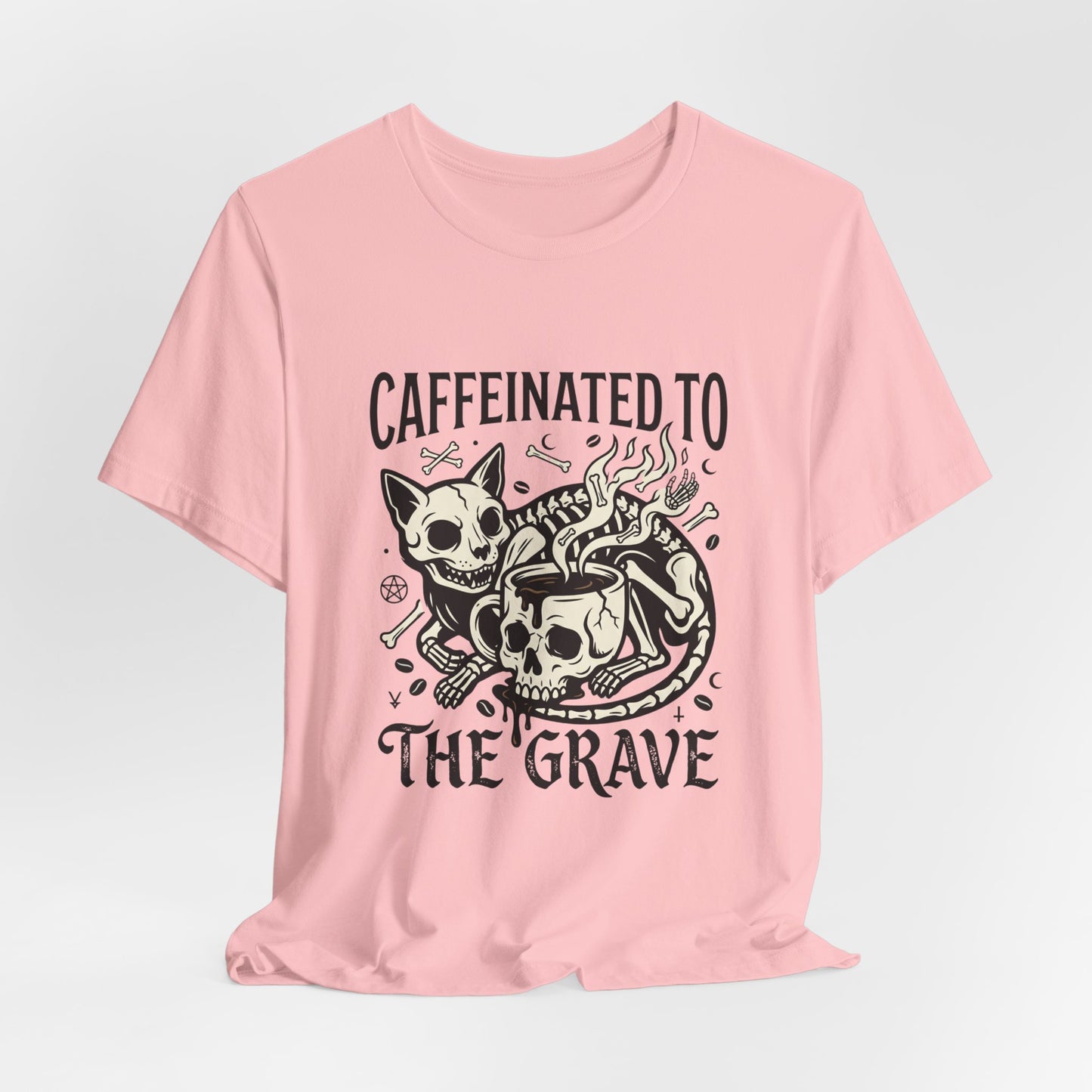 VOID - Caffeinated to the Grave Tee — Gothic Skull & Cat Coffee Shirt
