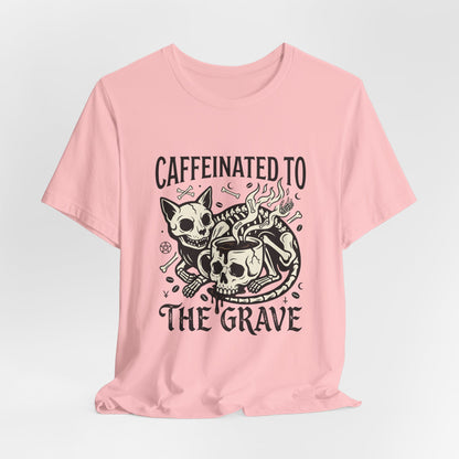 VOID - Caffeinated to the Grave Tee — Gothic Skull & Cat Coffee Shirt