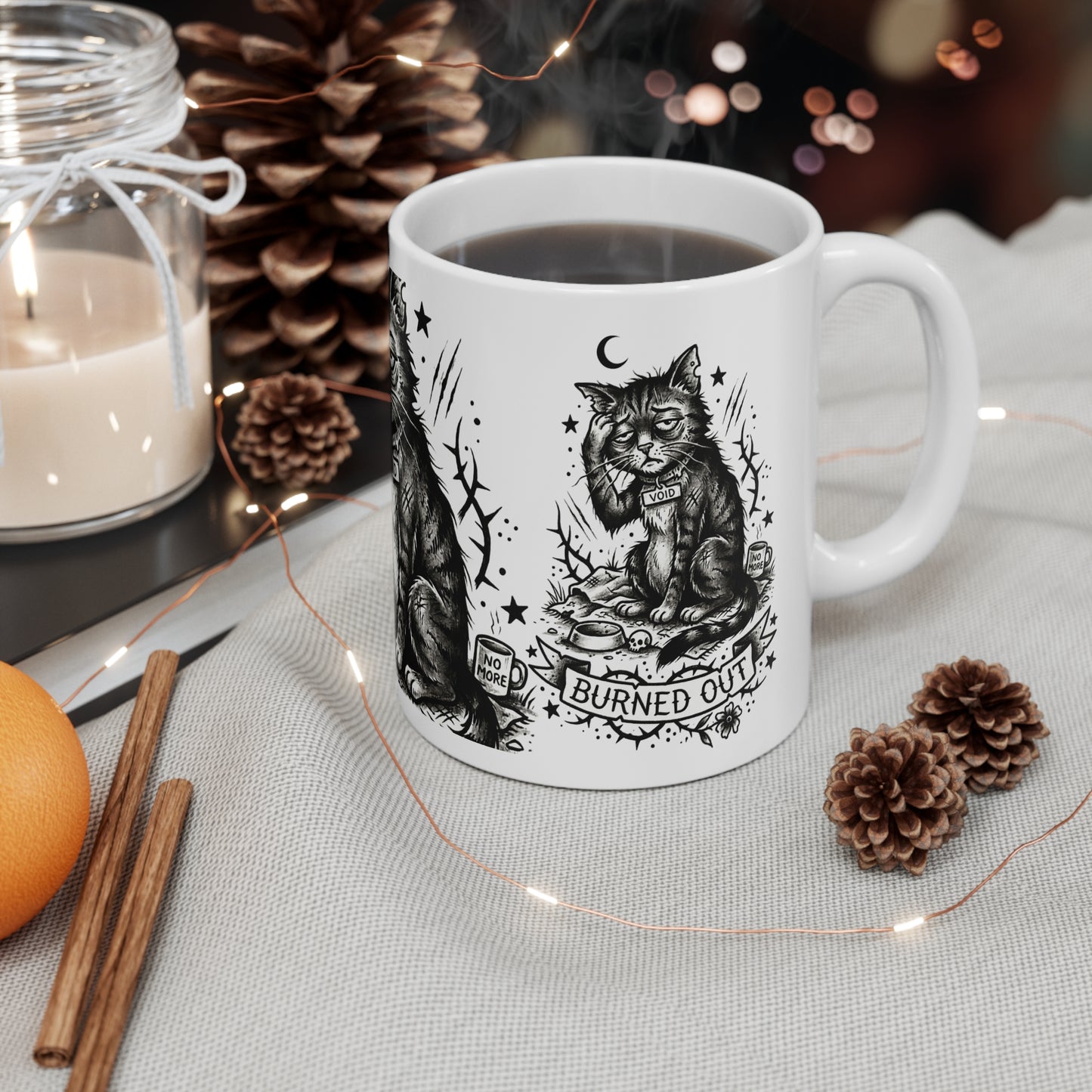 VOID - Burned Out Cat Mug — 11oz Black & White Vintage Tattoo Coffee Cup