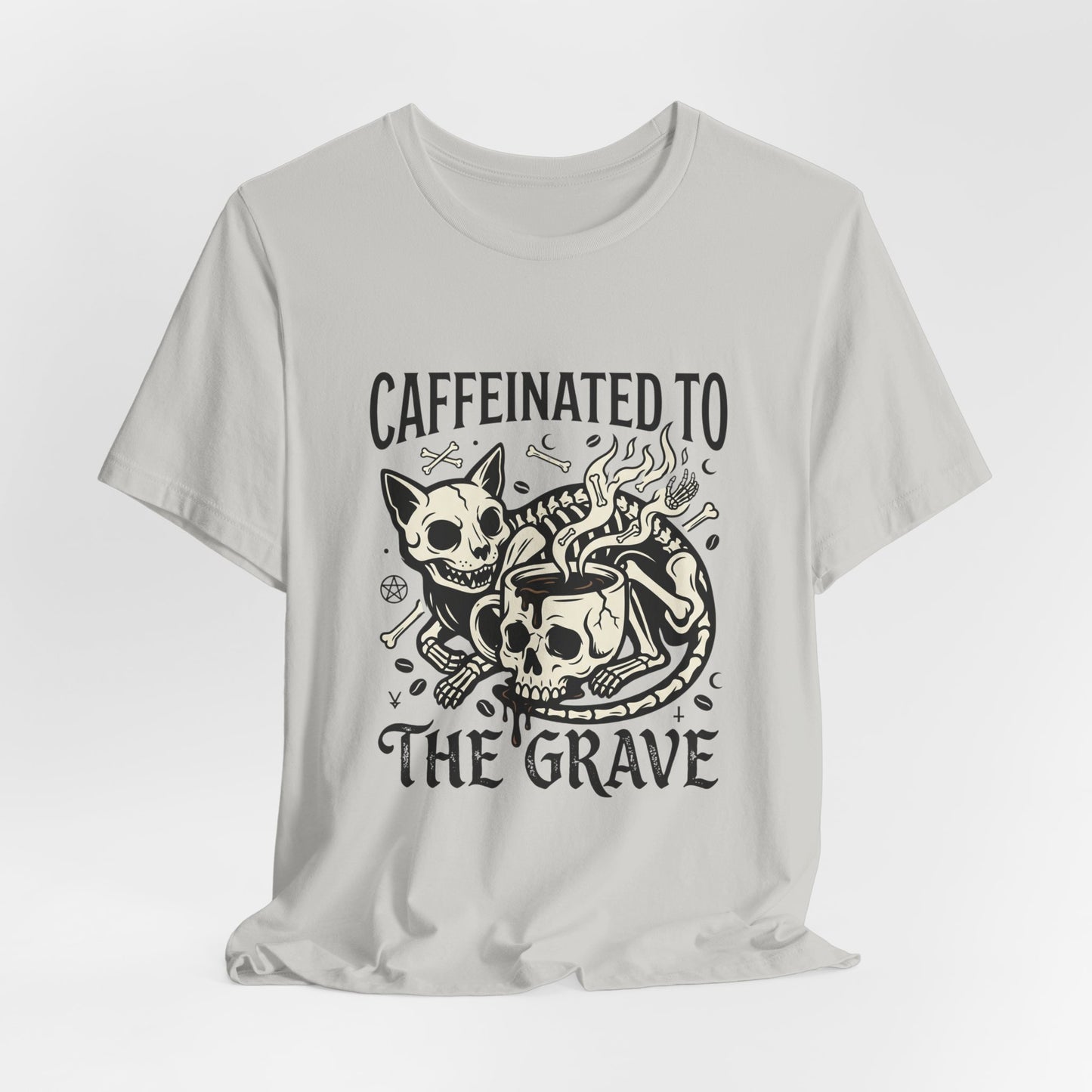 VOID - Caffeinated to the Grave Tee — Gothic Skull & Cat Coffee Shirt