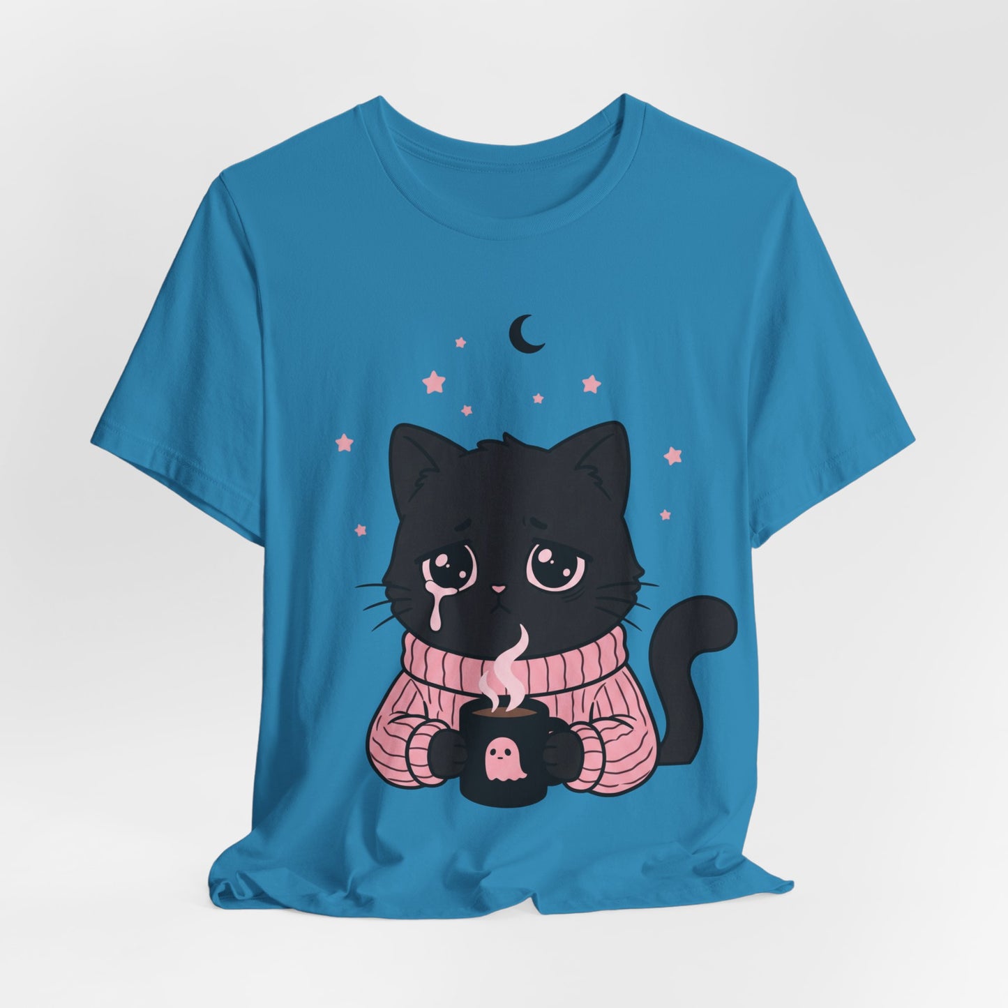 VOID - Cute Sad Black Cat Holding Hot Coffee T‑Shirt — Cozy Pink Sweater Kitty Tee