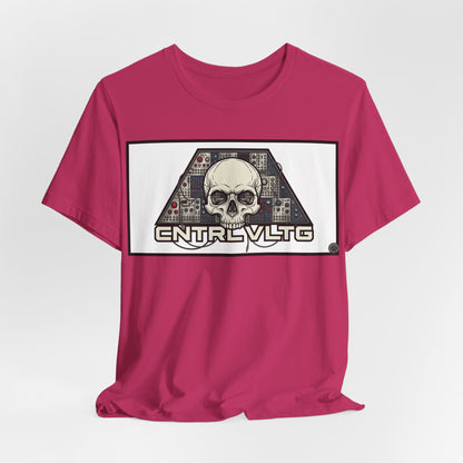 CV Control Voltage = TriBase White - Modular Synth Skull Analog Circuit Tee — “CNTRL VLTG” Retro Tech Graphic T-Shirt