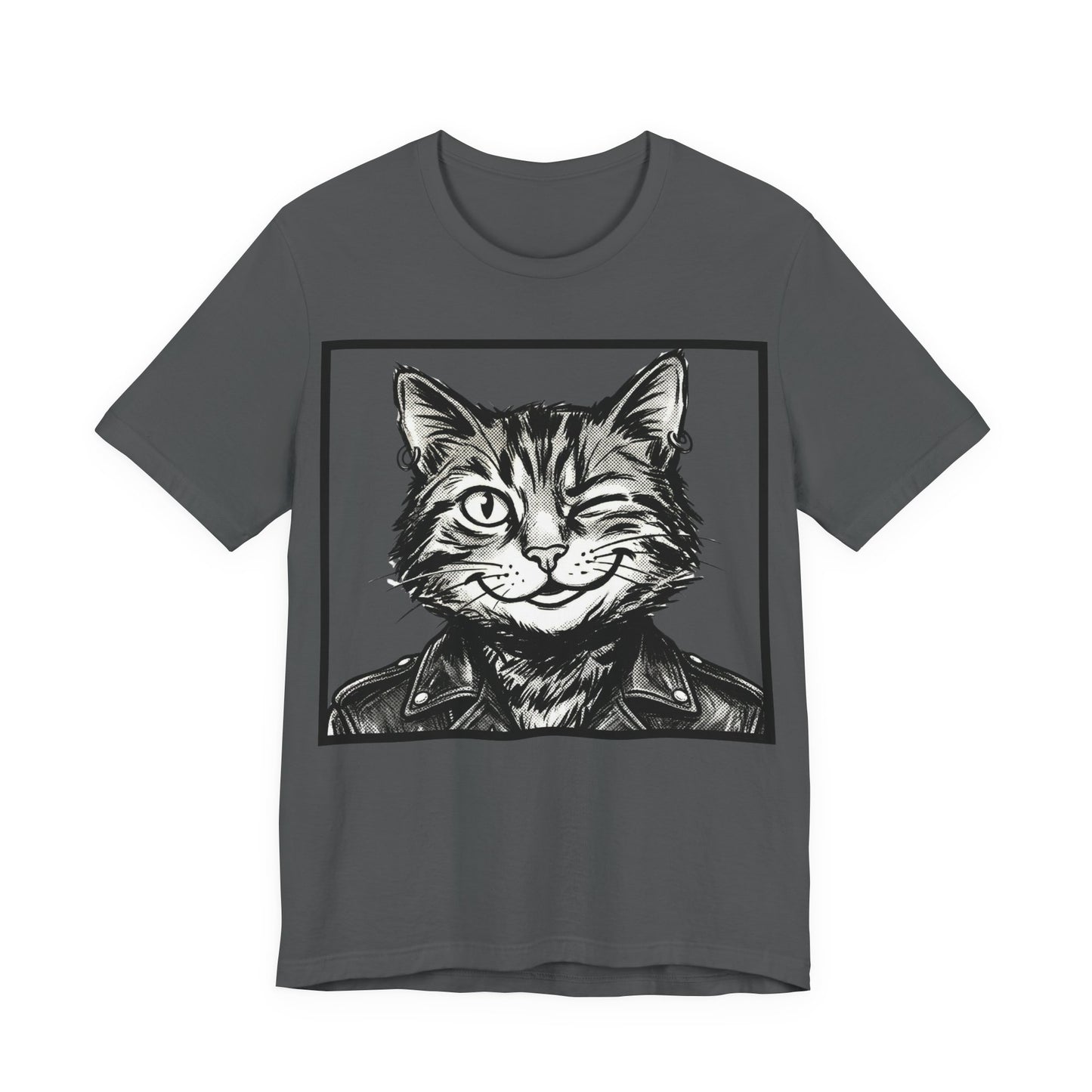 WinkyCat - Leather Jacket (NO Gesture) - Winking Cat Portrait Tee – Retro Rocker Biker Cat Graphic T-Shirt