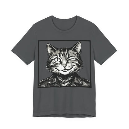 WinkyCat - Leather Jacket (NO Gesture) - Winking Cat Portrait Tee – Retro Rocker Biker Cat Graphic T-Shirt