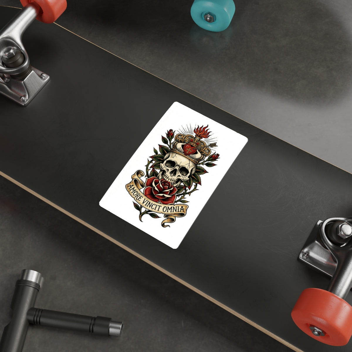 AVO-2 Claddagh Crown - Skull & Rose Die-Cut Sticker — 'Amore Vincit Omnia' Gothic Vintage Tattoo Design