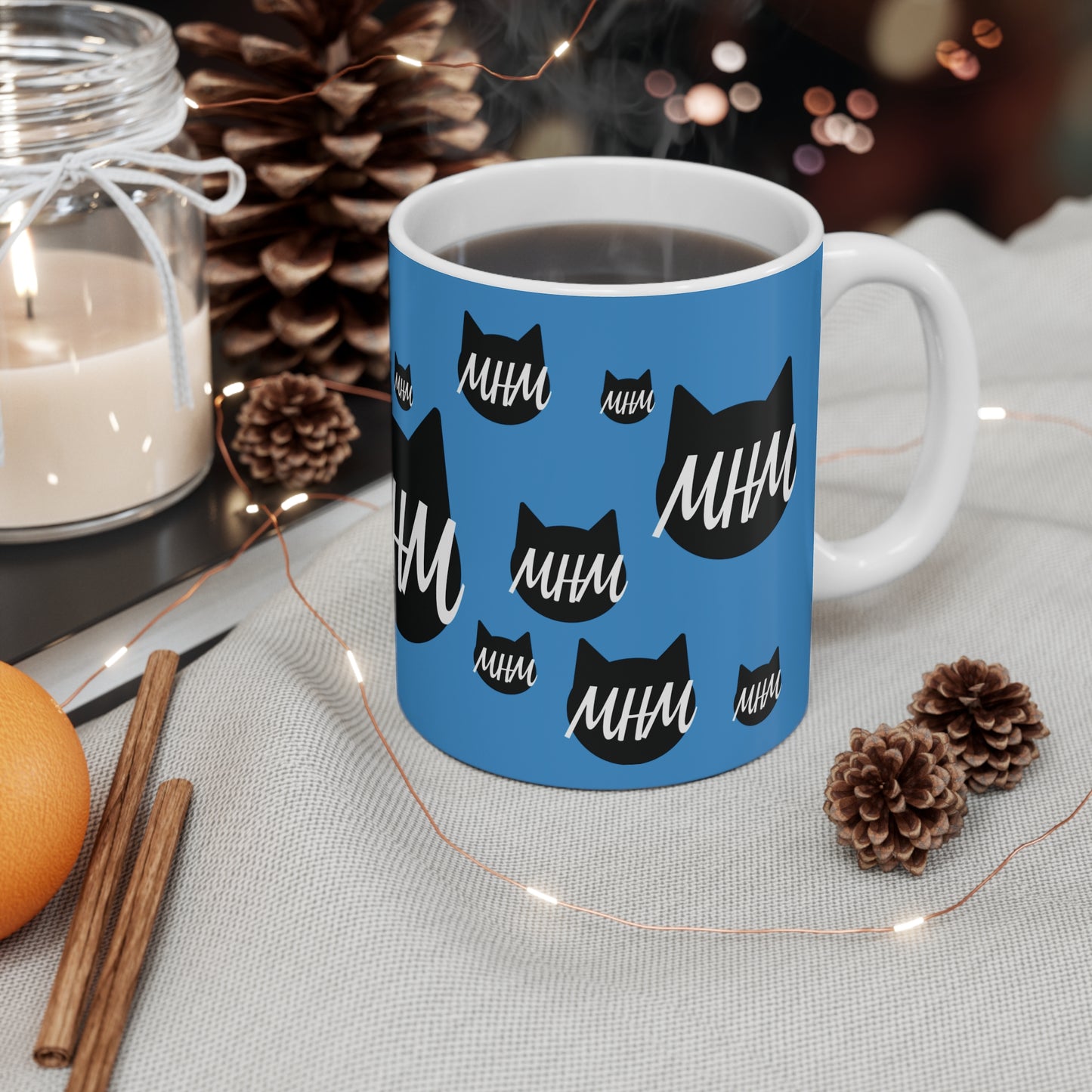 Cat Logo Mug — Blue 'MHM' Pattern 11oz