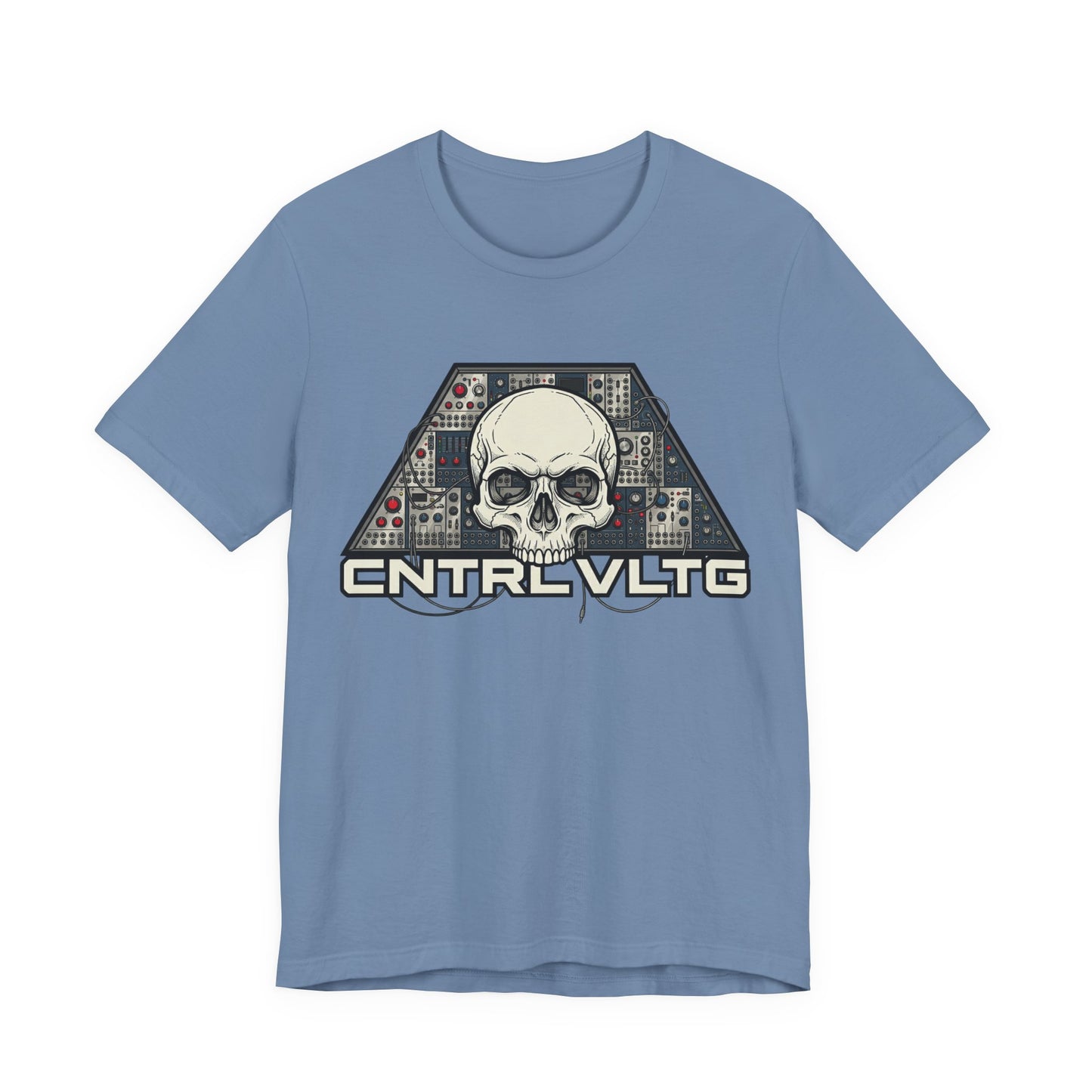CV Control Voltage - TriBase White - Skull Modular Analog Synth Console Tee — “CNTRL VLTG” Retro Electronic Music T-Shirt