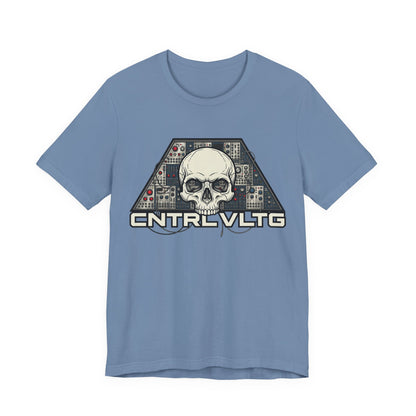 CV Control Voltage - TriBase White - Skull Modular Analog Synth Console Tee — “CNTRL VLTG” Retro Electronic Music T-Shirt