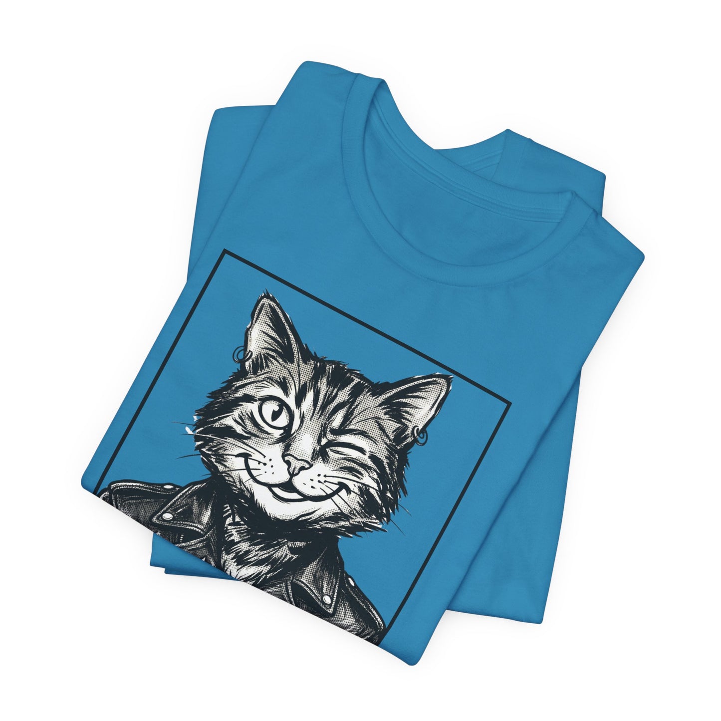WinkyCat - Leather Jacket & Snarky Gesture - Cat Biker Tee — Grinning Cat in Leather Jacket Graphic T-Shirt