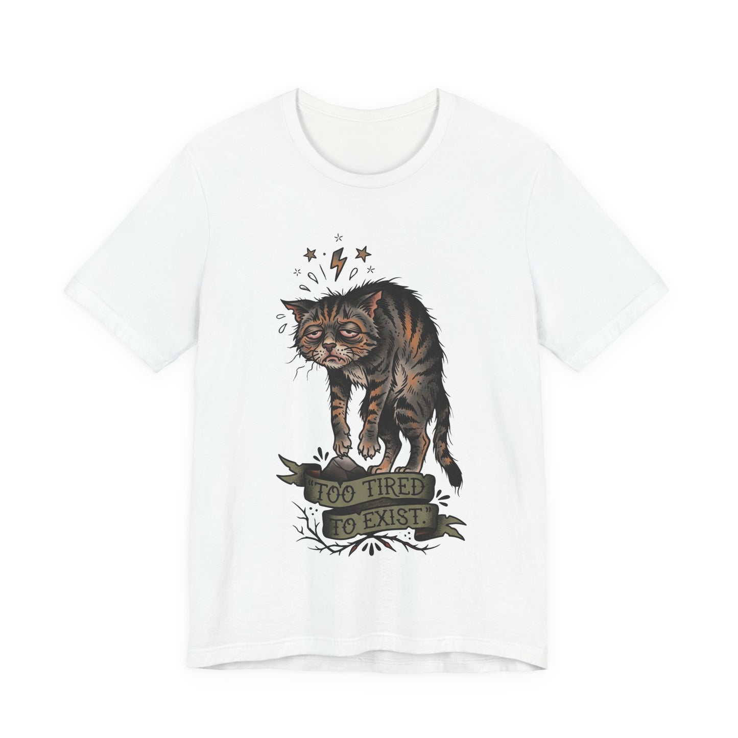VOID - Too Tired to Exist Cat T‑Shirt — Funny Goth Sleepy Cat Tee
