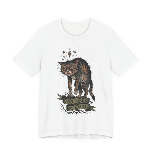 VOID - Too Tired to Exist Cat T‑Shirt — Funny Goth Sleepy Cat Tee