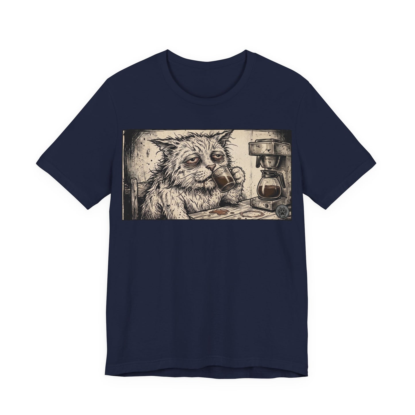 Scraps "GFM" Horizontal - Cat Drinking Coffee T‑Shirt — Vintage Sketch Tired Depressed Cat Drinking Coffee Graphic Tee