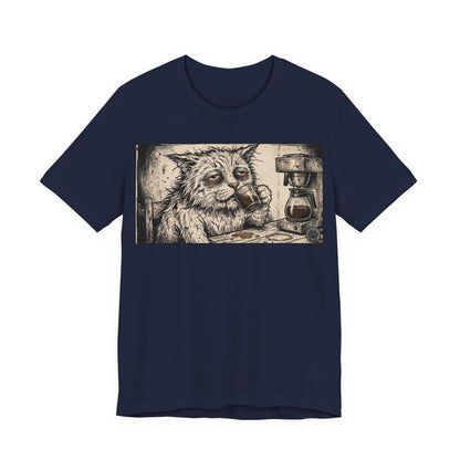 Scraps "GFM" Horizontal - Cat Drinking Coffee T‑Shirt — Vintage Sketch Tired Depressed Cat Drinking Coffee Graphic Tee