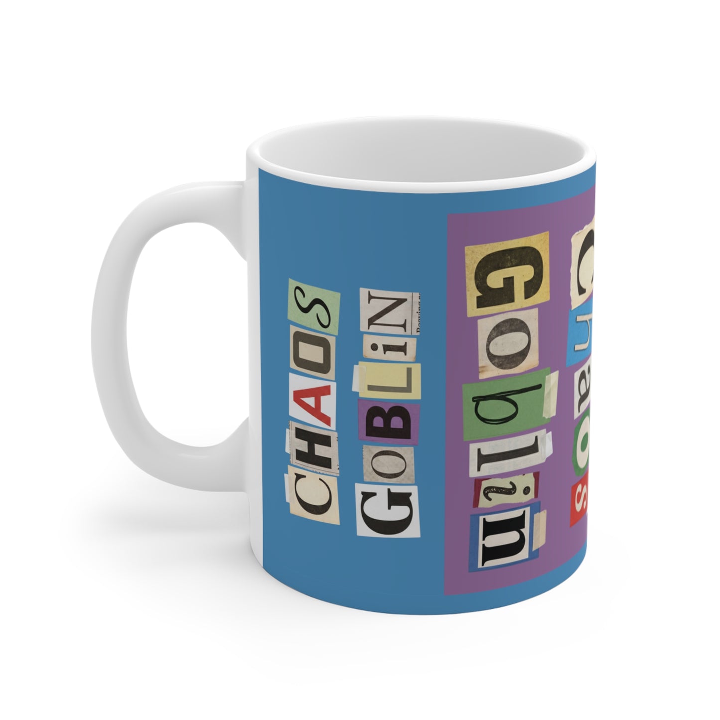 Chaos Goblin Mug — Funny Ransom-Note Style Coffee Cup