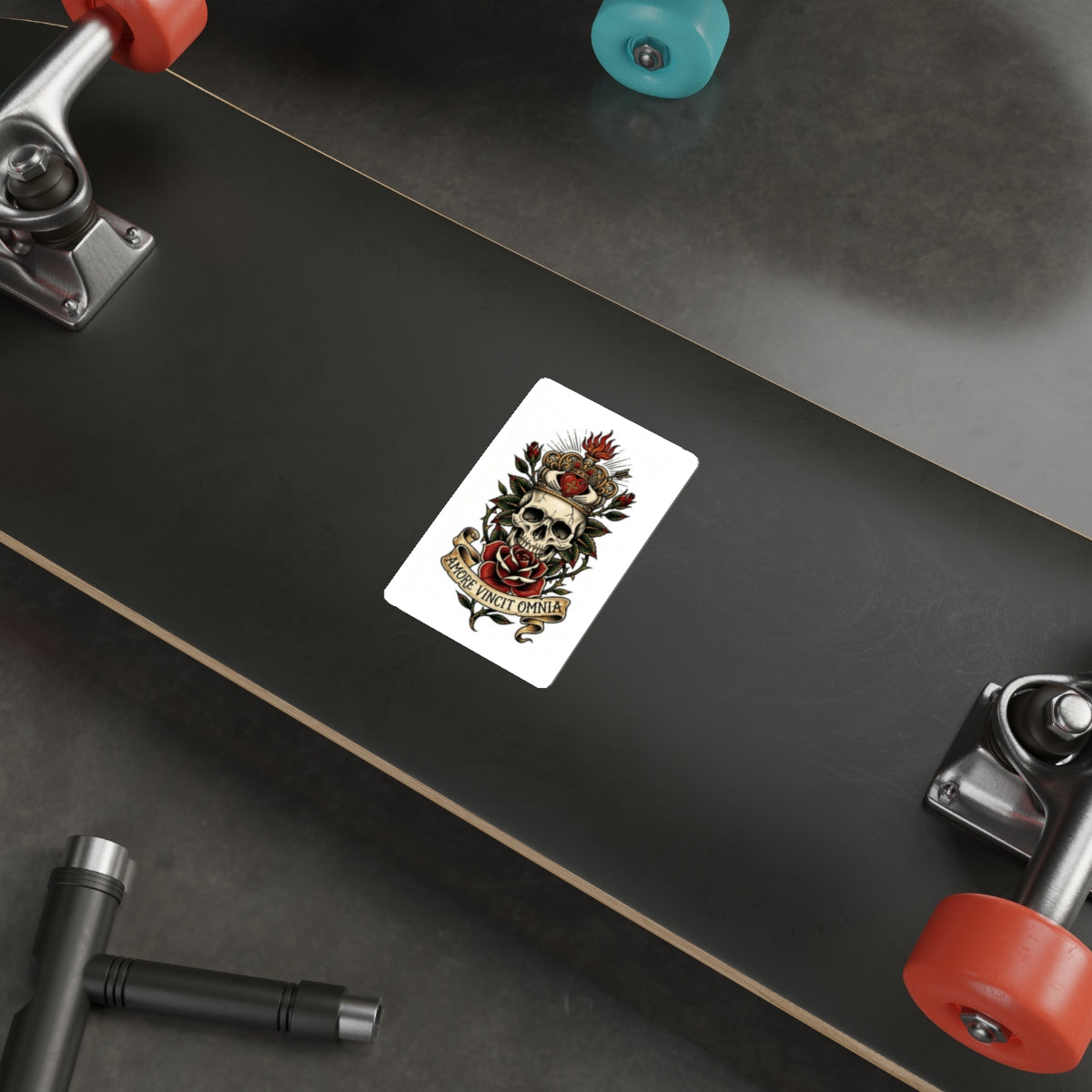 AVO-2 Claddagh Crown - Skull & Rose Die-Cut Sticker — 'Amore Vincit Omnia' Gothic Vintage Tattoo Design