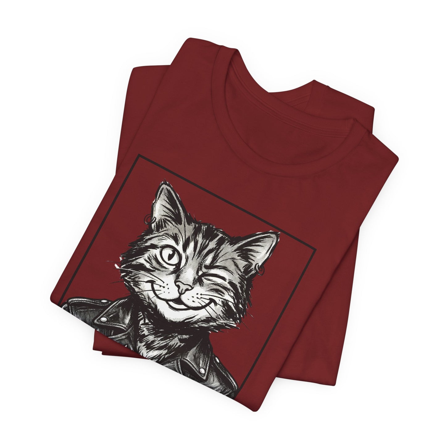 WinkyCat - Leather Jacket & Snarky Gesture - Cat Biker Tee — Grinning Cat in Leather Jacket Graphic T-Shirt