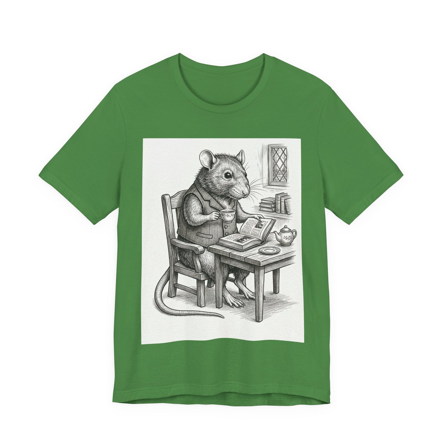 Ratney - "Cup of Tea & A Good Book" - Rodent Scholar T‑Shirt — Vintage Style Illustration of a Reading Rat with Tea