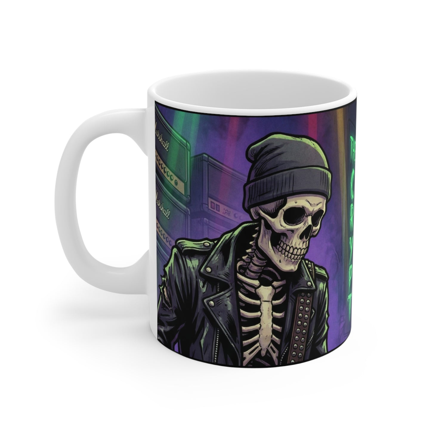 Bonesy - At The Crypt - 11oz Mug Ambi Handle - The Crypt Skeleton Rocker Mug — 11oz Gothic Skull Coffee Cup