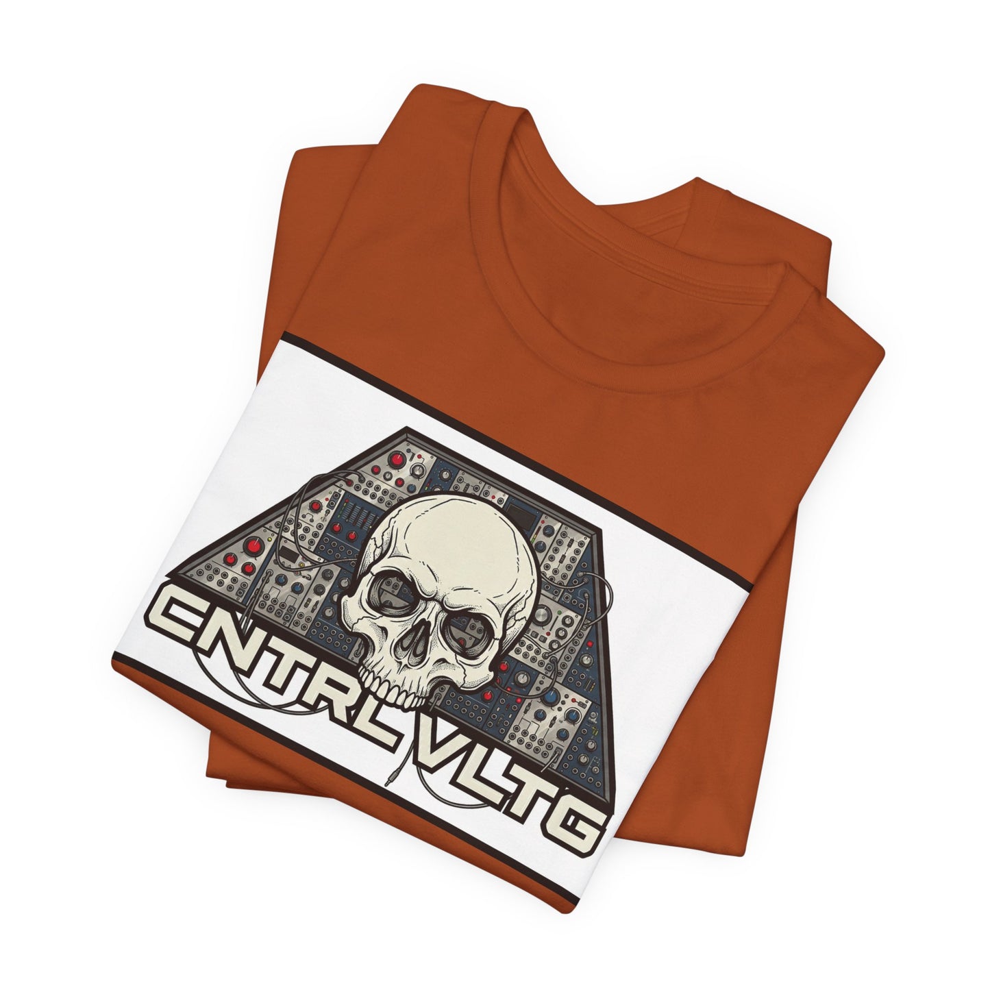 CV Control Voltage = TriBase White - Modular Synth Skull Analog Circuit Tee — “CNTRL VLTG” Retro Tech Graphic T-Shirt
