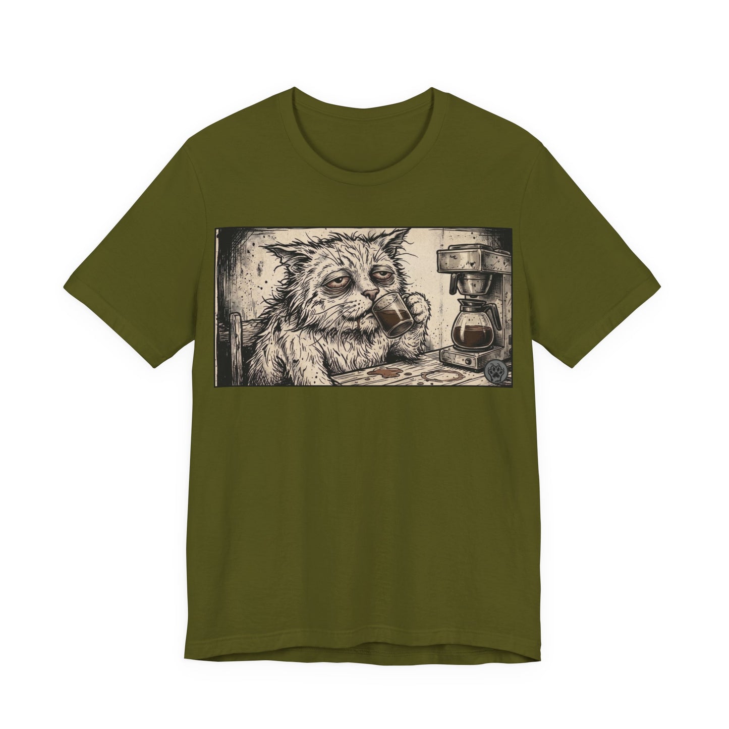 Scraps "GFM" Horizontal - Cat Drinking Coffee T‑Shirt — Vintage Sketch Tired Depressed Cat Drinking Coffee Graphic Tee