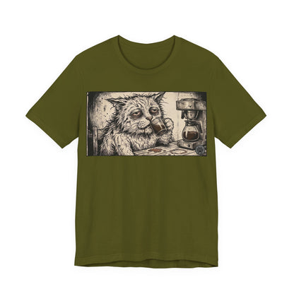Scraps "GFM" Horizontal - Cat Drinking Coffee T‑Shirt — Vintage Sketch Tired Depressed Cat Drinking Coffee Graphic Tee