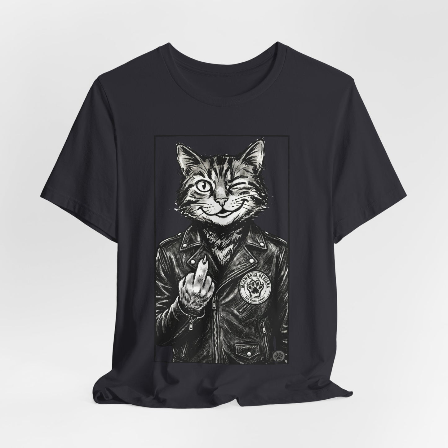 WinkyCat - Leather Jacket & Snarky Gesture - Cat Biker Tee — Grinning Cat in Leather Jacket Graphic T-Shirt