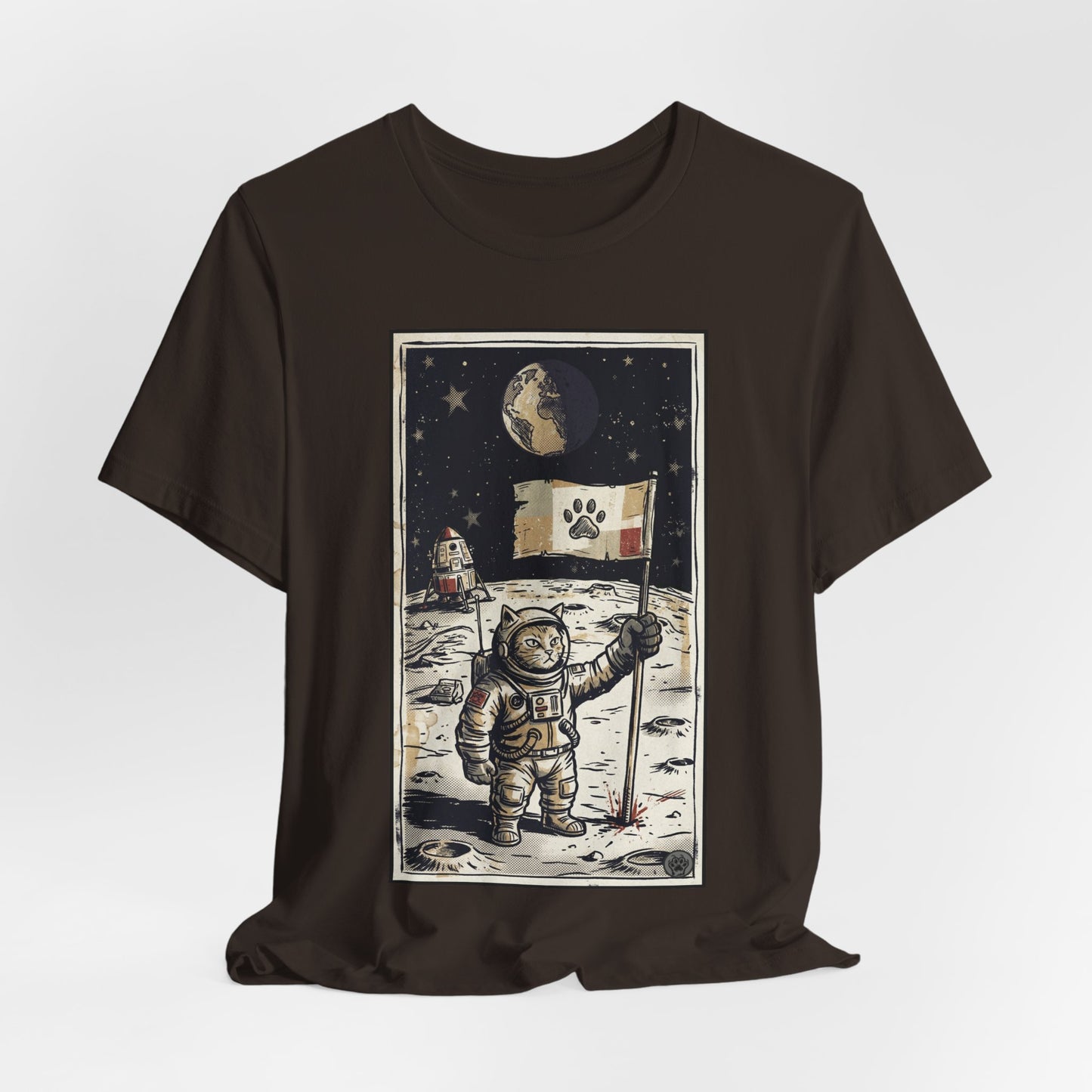 SpaceCat - Conquers The Moon! - Astronaut Cat Moon T-Shirt — Vintage Styled Space Kitty Flag Tee