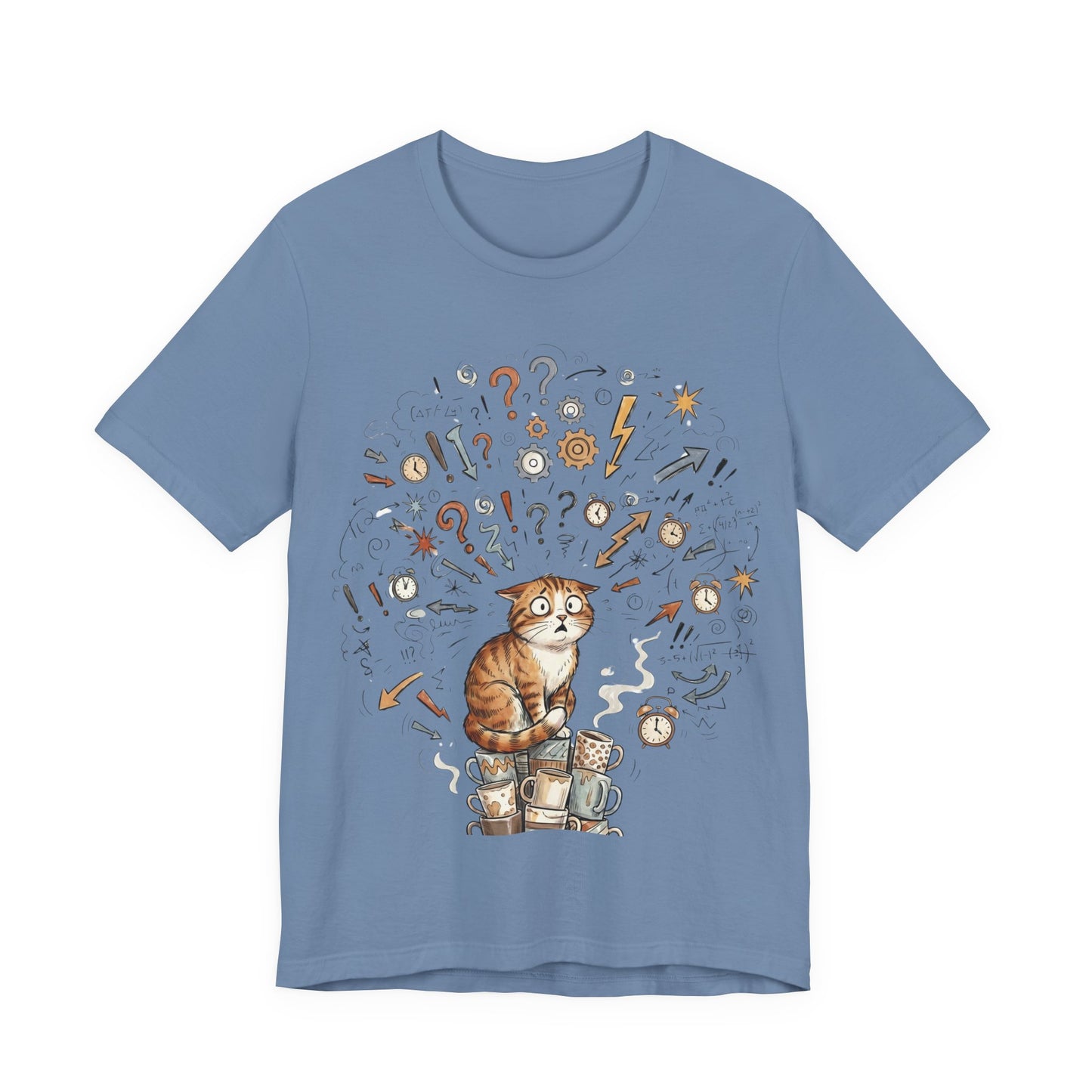 VOID - Overwhelmed! Coffee Cat Tee — Cute Cat with Question Marks Graphic T-Shirt