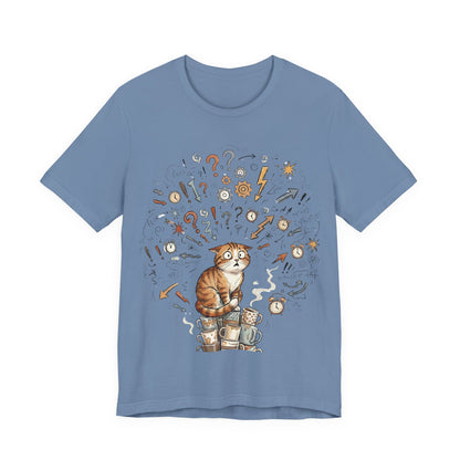 VOID - Overwhelmed! Coffee Cat Tee — Cute Cat with Question Marks Graphic T-Shirt