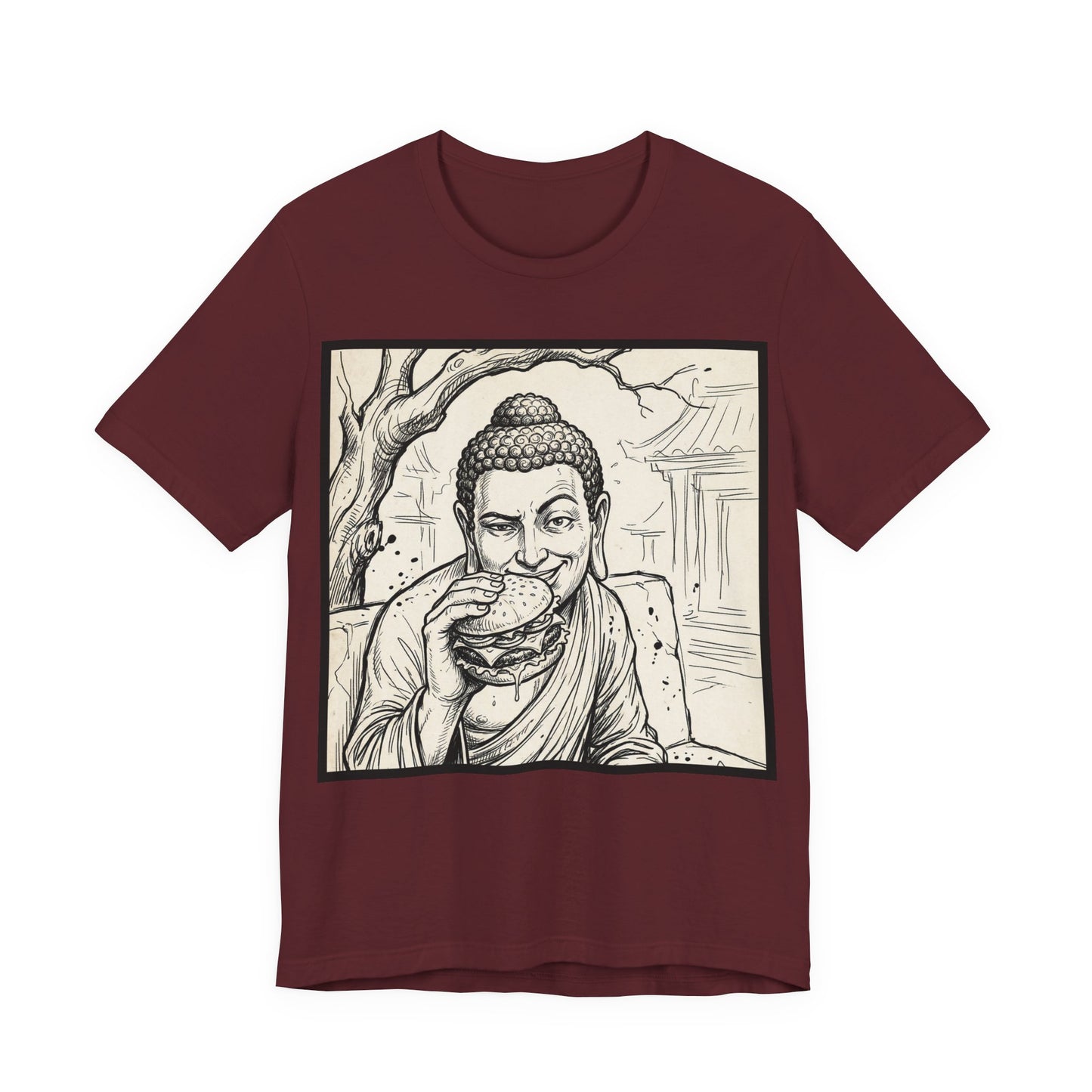 BadBuddha - Cheeseburger (Crop) - Buddha Eating A Delicious Juicy Cheeseburger Funny T‑Shirt Zen Humor