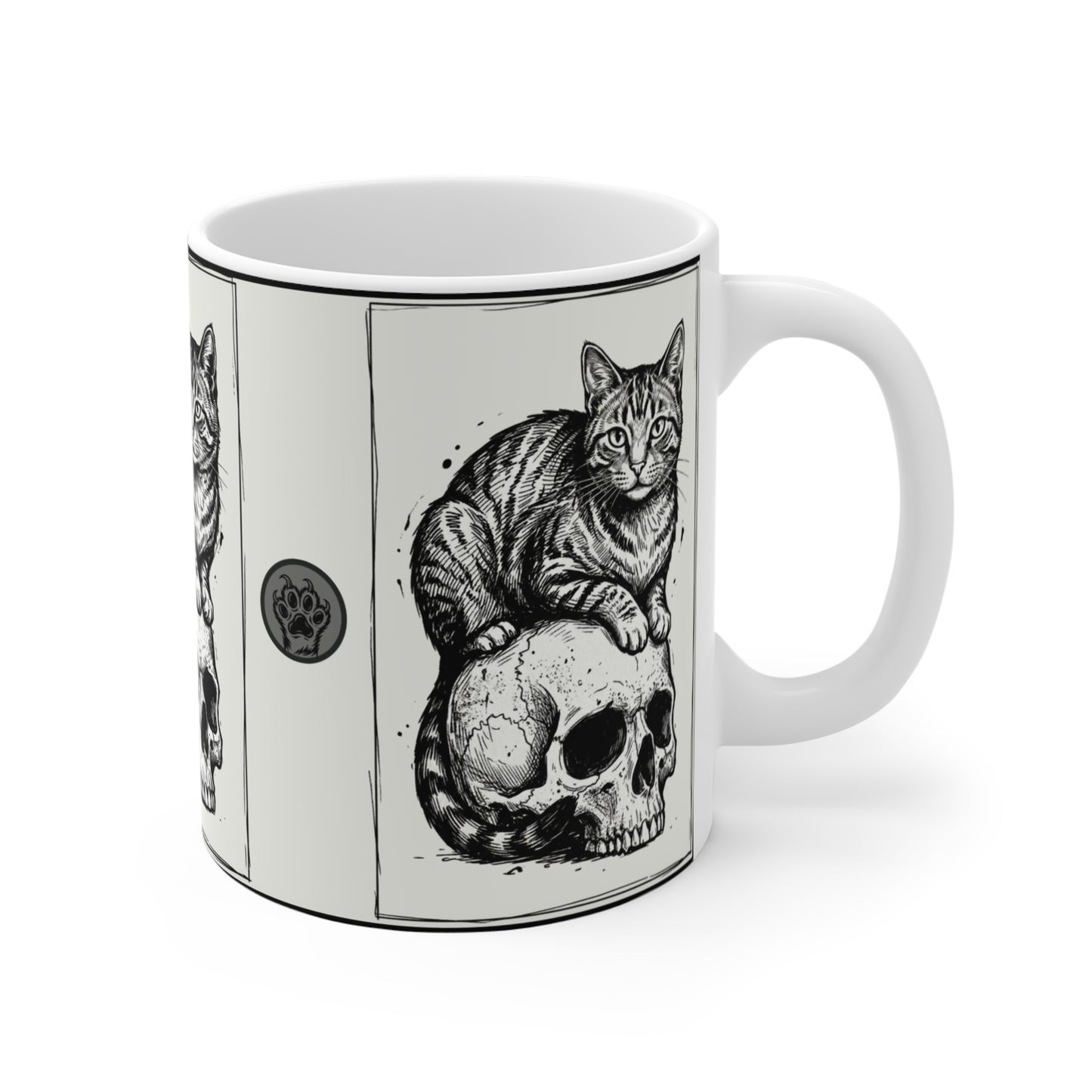 Three Cats on Skulls - 11oz Mug Ambi Handle — Gothic Cat Coffee Cup