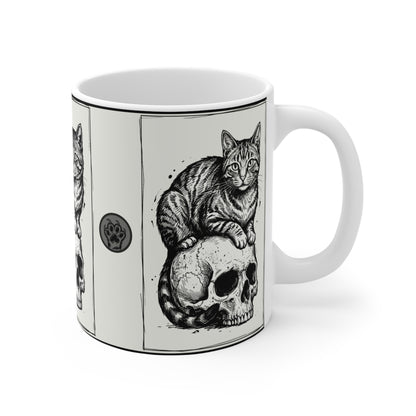 Three Cats on Skulls - 11oz Mug Ambi Handle — Gothic Cat Coffee Cup