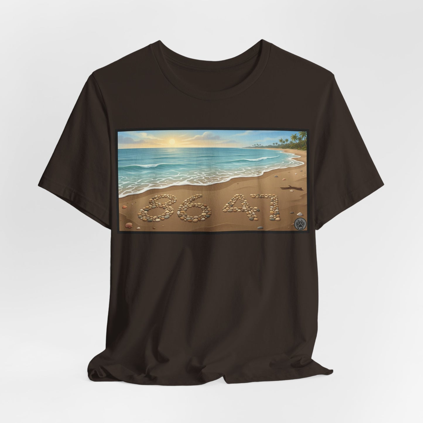 A Nice Day At The Beach - Horizontal V2 - Beach Sunset T-Shirt with '86 47' Sand Art – Coastal Vacation Tee