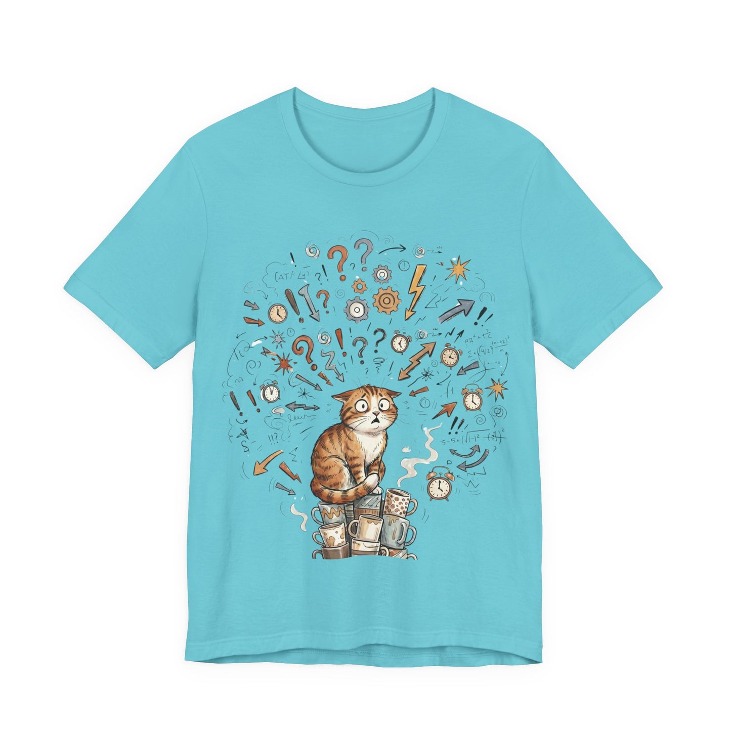 VOID - Overwhelmed! Coffee Cat Tee — Cute Cat with Question Marks Graphic T-Shirt