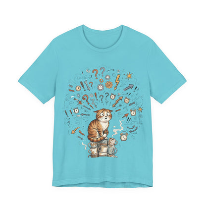 VOID - Overwhelmed! Coffee Cat Tee — Cute Cat with Question Marks Graphic T-Shirt