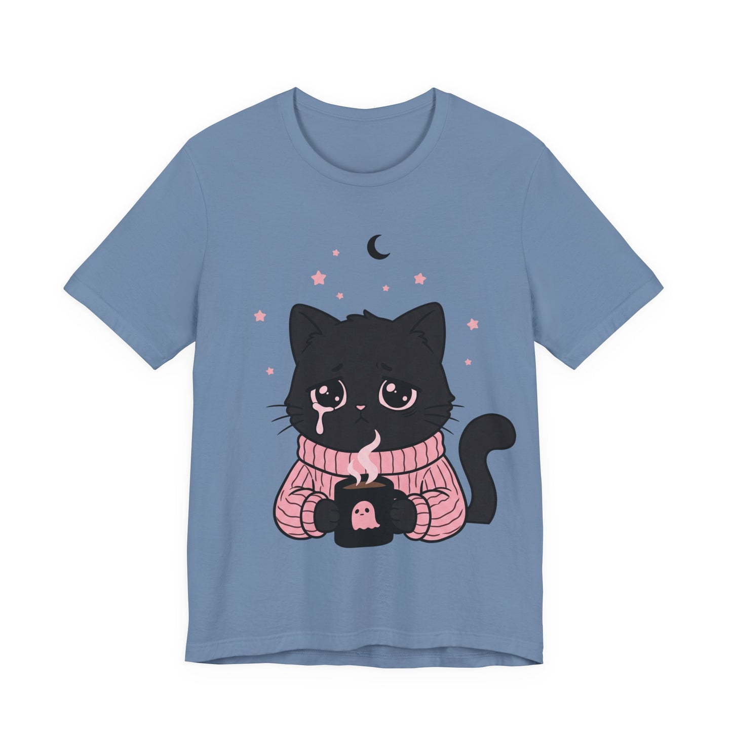 VOID - Cute Sad Black Cat Holding Hot Coffee T‑Shirt — Cozy Pink Sweater Kitty Tee