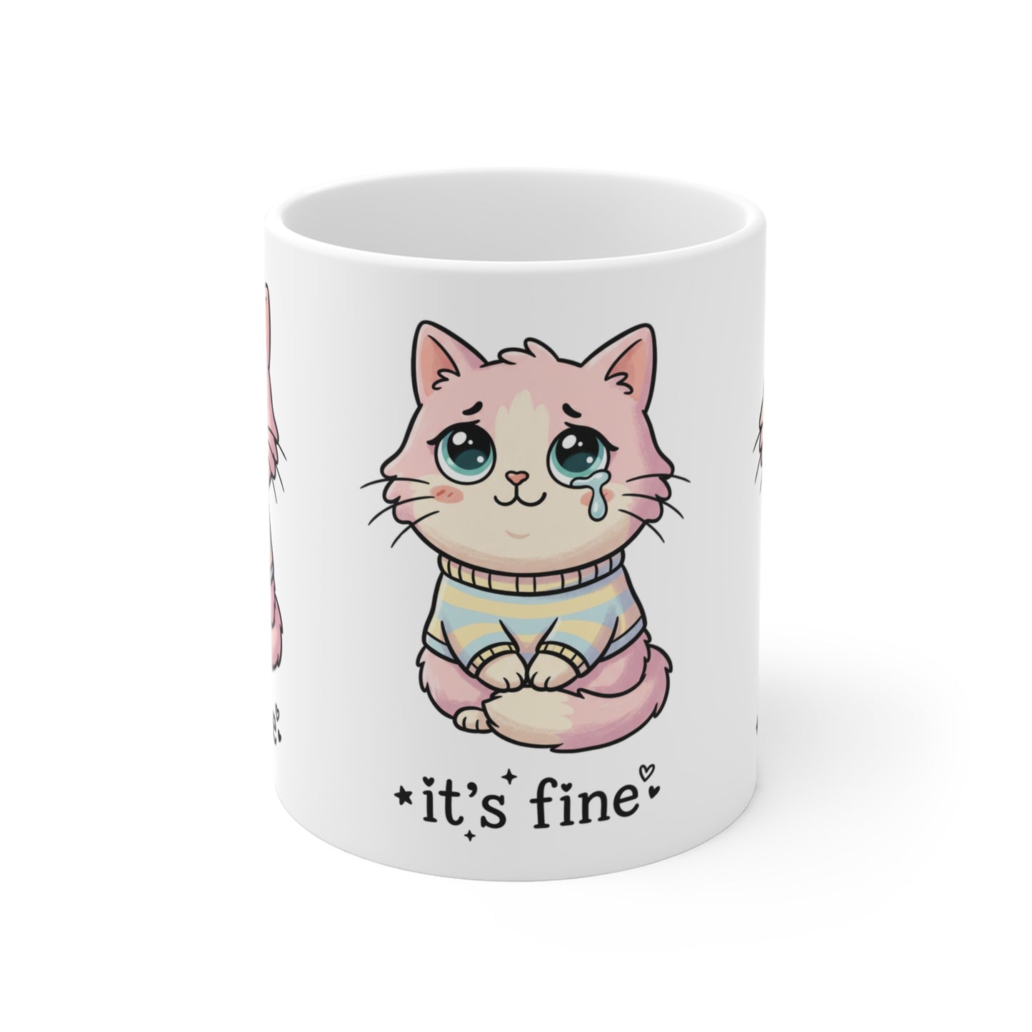 VOID - It's Fine Cat Mug — Cute Pastel Crying Cat 11oz Coffee Cup